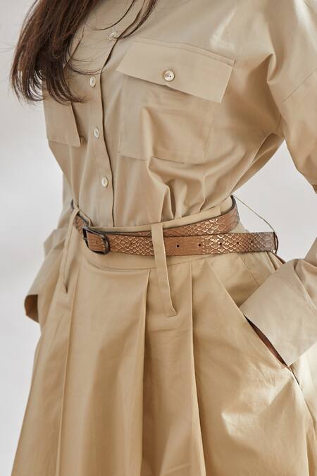 House Of Three Beige Cotton Poplin Pleated Maxi Skirt at Aza Fashions House Of Three_Beige Cotton Poplin Pleated Maxi Skirt _at_Aza_Fashions