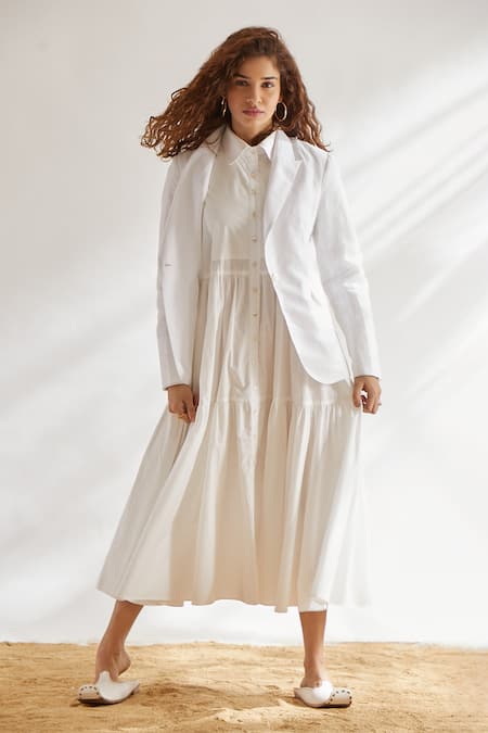 House Of Three_White Cotton Linen Notched Lapel Blazer _Online_at_Aza_Fashions