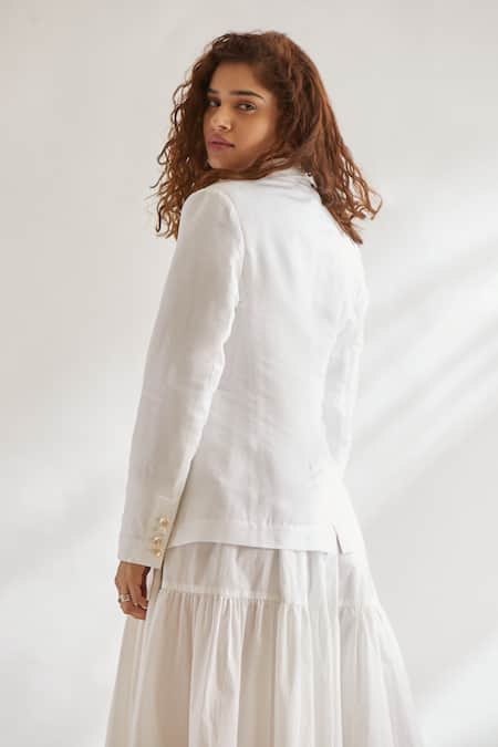 Shop_House Of Three_White Cotton Linen Notched Lapel Blazer _at_Aza_Fashions