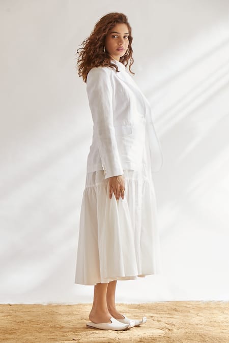 Buy_House Of Three_White Cotton Linen Notched Lapel Blazer _Online_at_Aza_Fashions