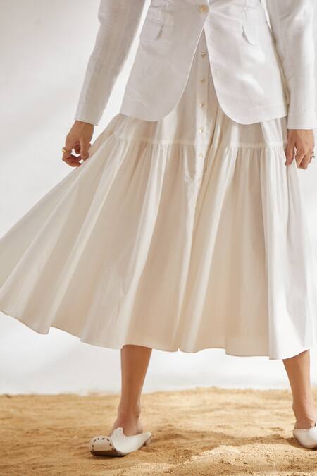 Buy_House Of Three_White Cotton Linen Notched Lapel Blazer 