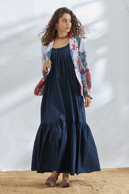 Shop_House Of Three_Blue Cotton Linen Notched Lapel Printed Jacket _Online_at_Aza_Fashions