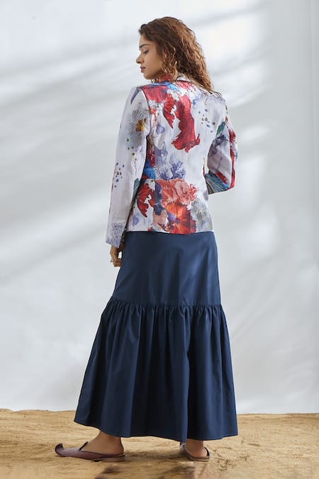 Shop_House Of Three_Blue Cotton Linen Notched Lapel Printed Jacket _at_Aza_Fashions