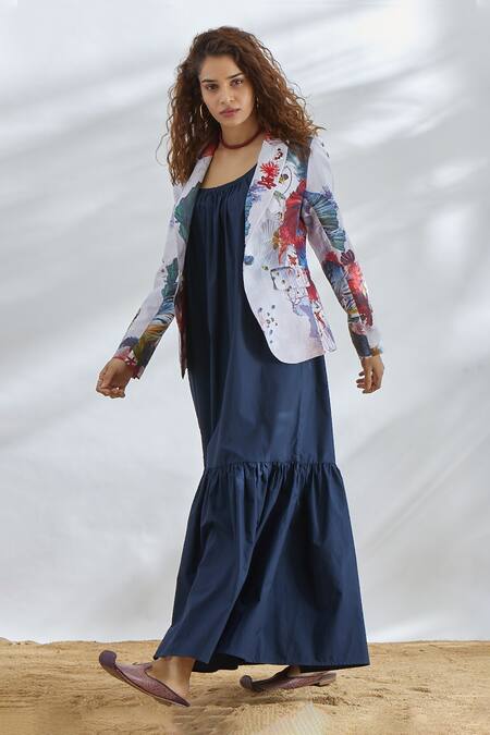 House Of Three_Blue Cotton Linen Notched Lapel Printed Jacket _Online_at_Aza_Fashions