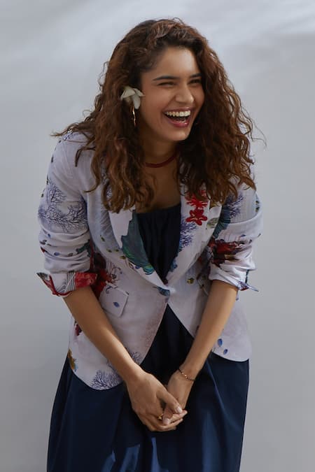 Buy_House Of Three_Blue Cotton Linen Notched Lapel Printed Jacket _Online_at_Aza_Fashions