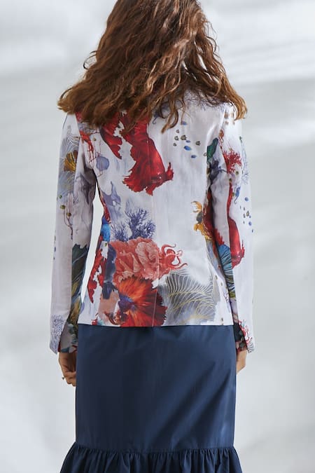 House Of Three_Blue Cotton Linen Notched Lapel Printed Jacket _at_Aza_Fashions