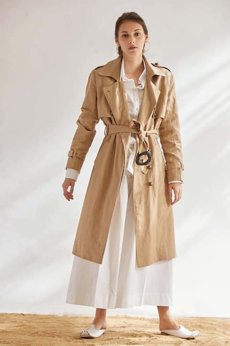 House of Three Beige Cotton Linen Notched Lapel Trench Jacket  