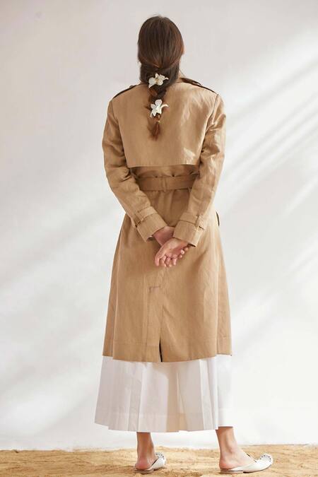 Shop House Of Three Beige Cotton Linen Notched Lapel Trench Jacket at Aza Fashions Shop_House Of Three_Beige Cotton Linen Notched Lapel Trench Jacket _at_Aza_Fashions