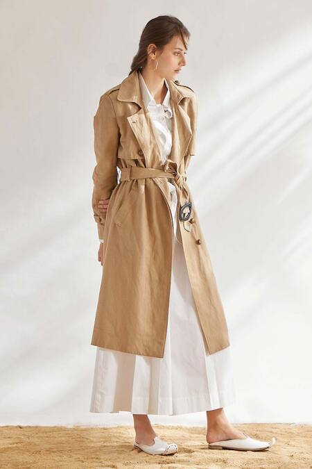 House Of Three Beige Cotton Linen Notched Lapel Trench Jacket Online at Aza Fashions House Of Three_Beige Cotton Linen Notched Lapel Trench Jacket _Online_at_Aza_Fashions