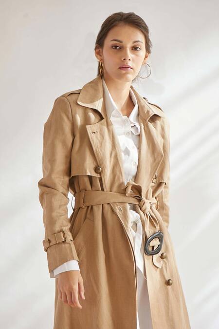 Buy House Of Three Beige Cotton Linen Notched Lapel Trench Jacket Online at Aza Fashions Buy_House Of Three_Beige Cotton Linen Notched Lapel Trench Jacket _Online_at_Aza_Fashions