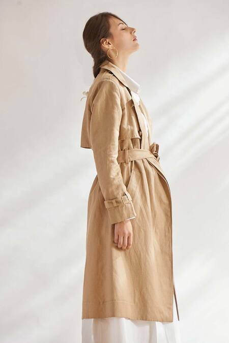 Shop House Of Three Beige Cotton Linen Notched Lapel Trench Jacket Online at Aza Fashions Shop_House Of Three_Beige Cotton Linen Notched Lapel Trench Jacket _Online_at_Aza_Fashions