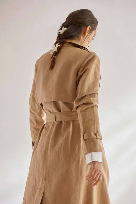 House Of Three Beige Cotton Linen Notched Lapel Trench Jacket at Aza Fashions House Of Three_Beige Cotton Linen Notched Lapel Trench Jacket _at_Aza_Fashions