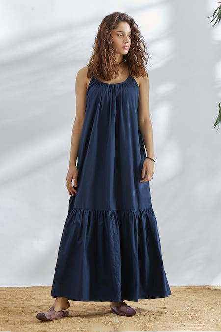 House of Three Blue Cotton Poplin U Neck Flared Dress  