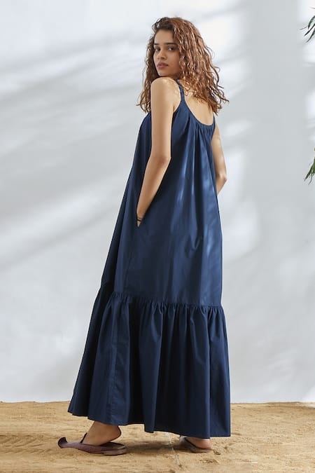 Shop House Of Three Blue Cotton Poplin U Neck Flared Dress at Aza Fashions Shop_House Of Three_Blue Cotton Poplin U Neck Flared Dress _at_Aza_Fashions