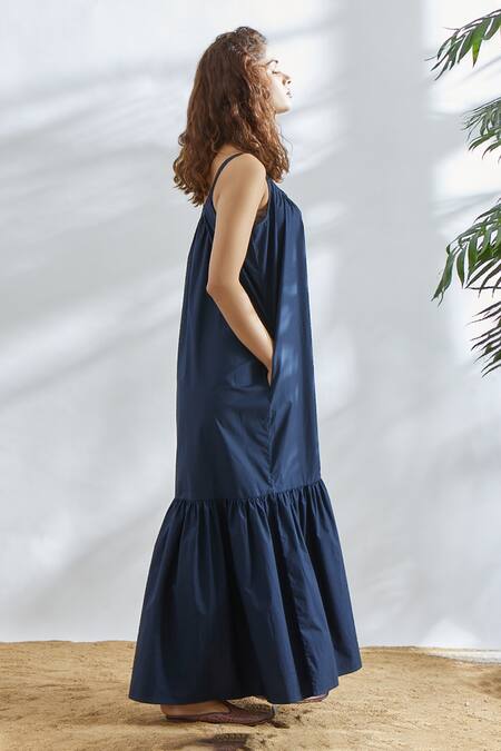House Of Three Blue Cotton Poplin U Neck Flared Dress Online at Aza Fashions House Of Three_Blue Cotton Poplin U Neck Flared Dress _Online_at_Aza_Fashions
