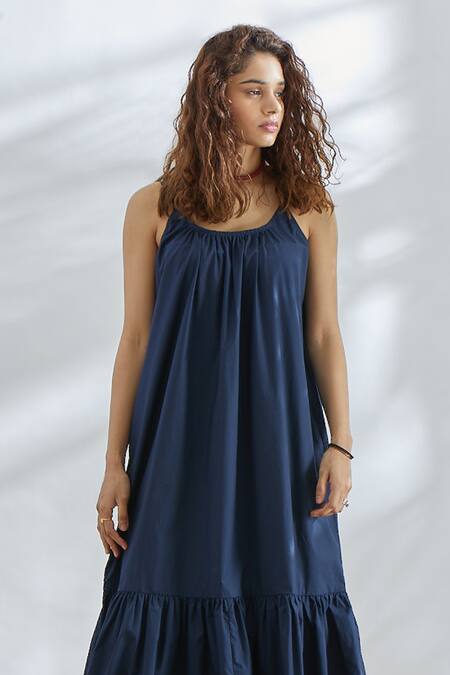 Buy House Of Three Blue Cotton Poplin U Neck Flared Dress Online at Aza Fashions Buy_House Of Three_Blue Cotton Poplin U Neck Flared Dress _Online_at_Aza_Fashions