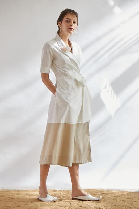 Shop House Of Three White Cotton Poplin Notched Collar Wrap Dress at Aza Fashions Shop_House Of Three_White Cotton Poplin Notched Collar Wrap Dress _at_Aza_Fashions
