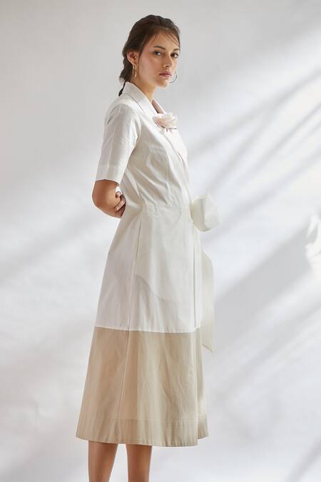 House Of Three White Cotton Poplin Notched Collar Wrap Dress Online at Aza Fashions House Of Three_White Cotton Poplin Notched Collar Wrap Dress _Online_at_Aza_Fashions