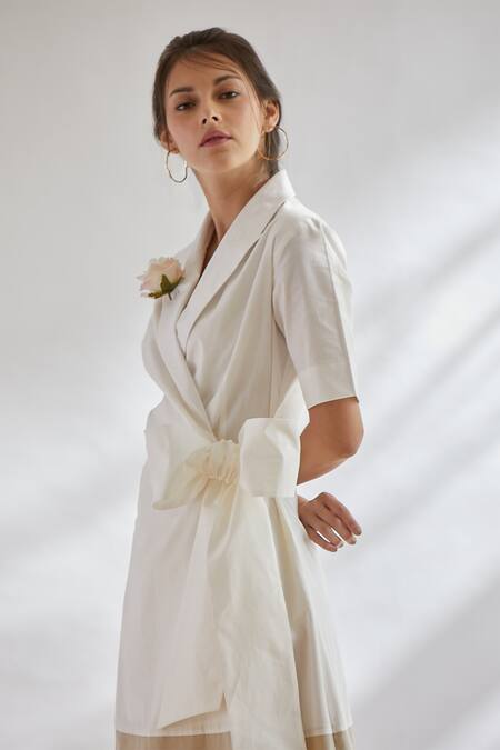 Buy House Of Three White Cotton Poplin Notched Collar Wrap Dress Online at Aza Fashions Buy_House Of Three_White Cotton Poplin Notched Collar Wrap Dress _Online_at_Aza_Fashions
