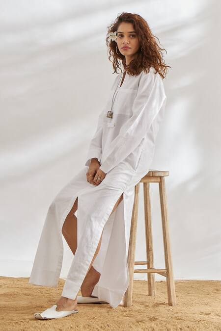 Buy House Of Three White Cotton Linen Mandarin Collar Tunic Online at Aza Fashions Buy_House Of Three_White Cotton Linen Mandarin Collar Tunic _Online_at_Aza_Fashions