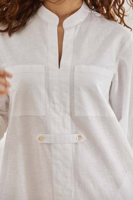 Shop House Of Three White Cotton Linen Mandarin Collar Tunic Online at Aza Fashions Shop_House Of Three_White Cotton Linen Mandarin Collar Tunic _Online_at_Aza_Fashions