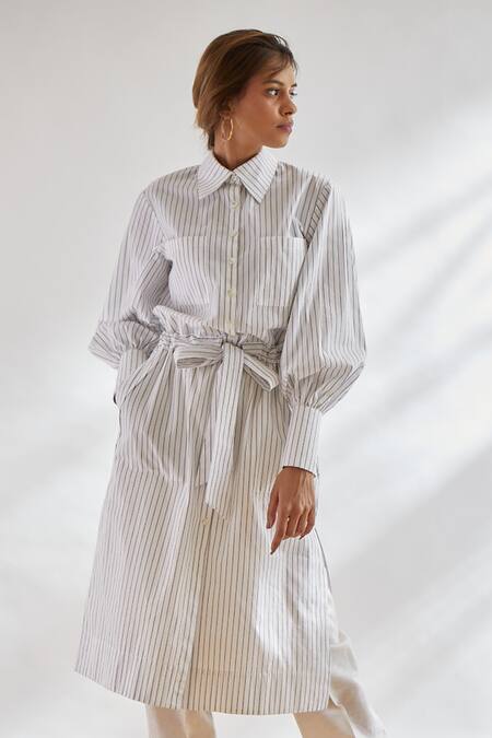 House Of Three White Cotton Shirt Collar Striped Tunic With Belt 