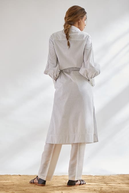 Shop House Of Three White Cotton Shirt Collar Striped Tunic With Belt at Aza Fashions Shop_House Of Three_White Cotton Shirt Collar Striped Tunic With Belt _at_Aza_Fashions