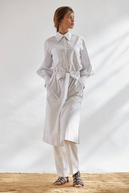 Shop House Of Three White Cotton Shirt Collar Striped Tunic With Belt Online at Aza Fashions Shop_House Of Three_White Cotton Shirt Collar Striped Tunic With Belt _Online_at_Aza_Fashions