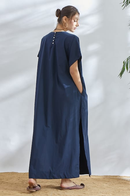 Shop House Of Three Blue Cotton Poplin Round Gathered Maxi Dress at Aza Fashions Shop_House Of Three_Blue Cotton Poplin Round Gathered Maxi Dress _at_Aza_Fashions