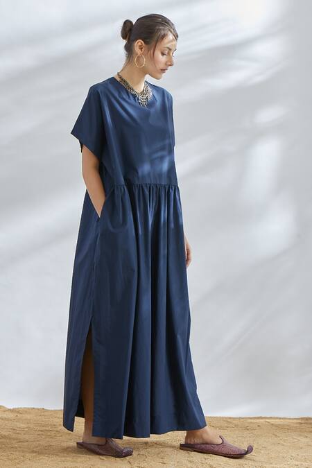 House Of Three Blue Cotton Poplin Round Gathered Maxi Dress Online at Aza Fashions House Of Three_Blue Cotton Poplin Round Gathered Maxi Dress _Online_at_Aza_Fashions