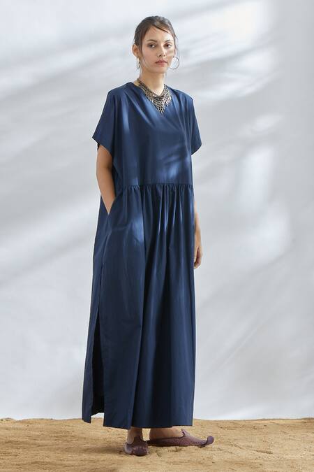 Buy House Of Three Blue Cotton Poplin Round Gathered Maxi Dress Online at Aza Fashions Buy_House Of Three_Blue Cotton Poplin Round Gathered Maxi Dress _Online_at_Aza_Fashions