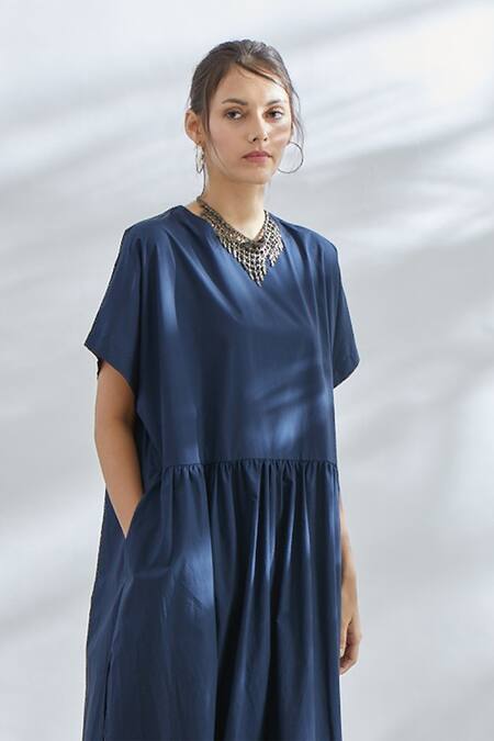 Shop House Of Three Blue Cotton Poplin Round Gathered Maxi Dress Online at Aza Fashions Shop_House Of Three_Blue Cotton Poplin Round Gathered Maxi Dress _Online_at_Aza_Fashions