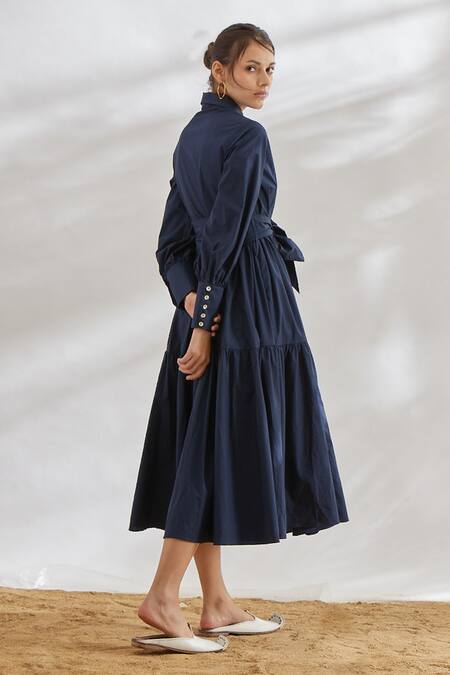 Shop House Of Three Blue Cotton Shirt Collar Dress With Tie-up at Aza Fashions Shop_House Of Three_Blue Cotton Shirt Collar Dress With Tie-up _at_Aza_Fashions