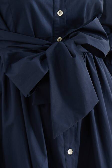 House Of Three Blue Cotton Shirt Collar Dress With Tie-up at Aza Fashions House Of Three_Blue Cotton Shirt Collar Dress With Tie-up _at_Aza_Fashions