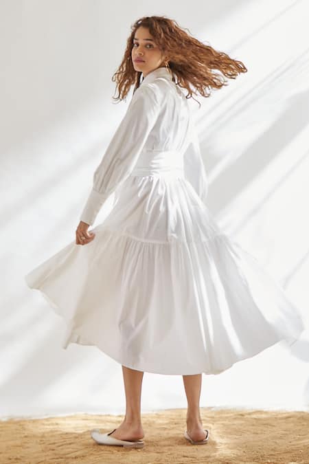 Shop_House of Three_White Cotton Shirt Collar Dress With Tie-up _at_Aza_Fashions