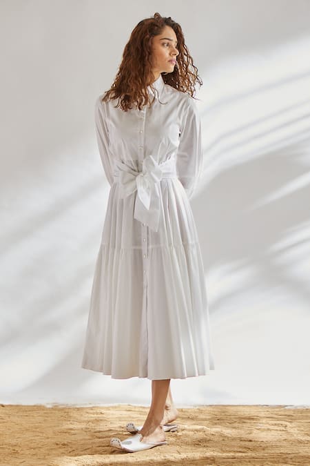 Buy_House of Three_White Cotton Shirt Collar Dress With Tie-up _Online_at_Aza_Fashions