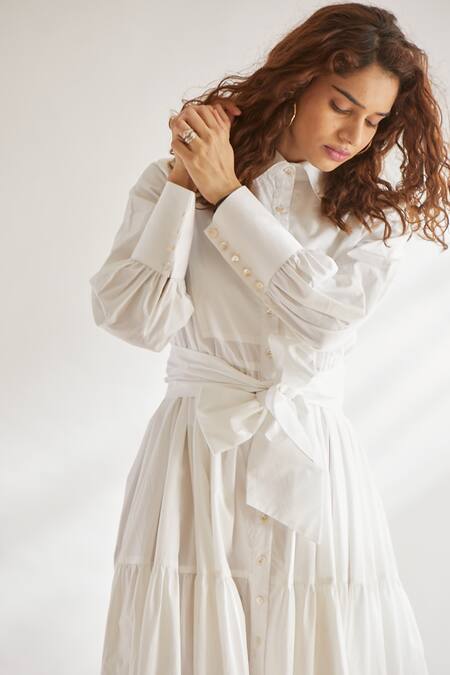 Shop_House of Three_White Cotton Shirt Collar Dress With Tie-up _Online_at_Aza_Fashions