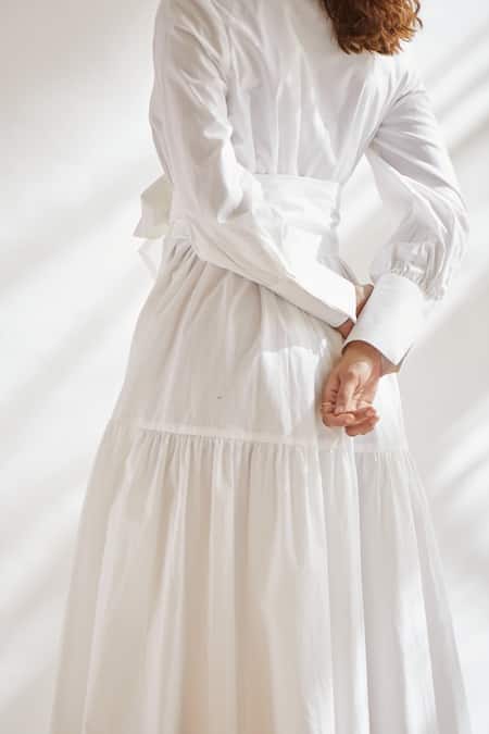 House of Three_White Cotton Shirt Collar Dress With Tie-up _at_Aza_Fashions