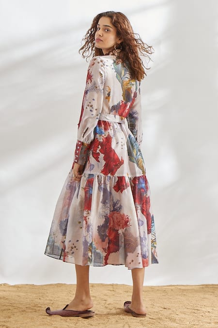 Shop_House Of Three_Multi Color Chanderi Spread Collar Printed Dress With Tie-up _at_Aza_Fashions