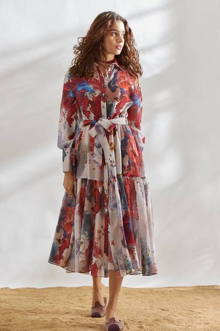 House Of Three_Multi Color Chanderi Spread Collar Printed Dress With Tie-up _Online_at_Aza_Fashions