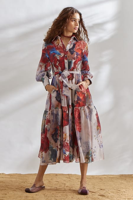 Buy_House Of Three_Multi Color Chanderi Spread Collar Printed Dress With Tie-up _Online_at_Aza_Fashions