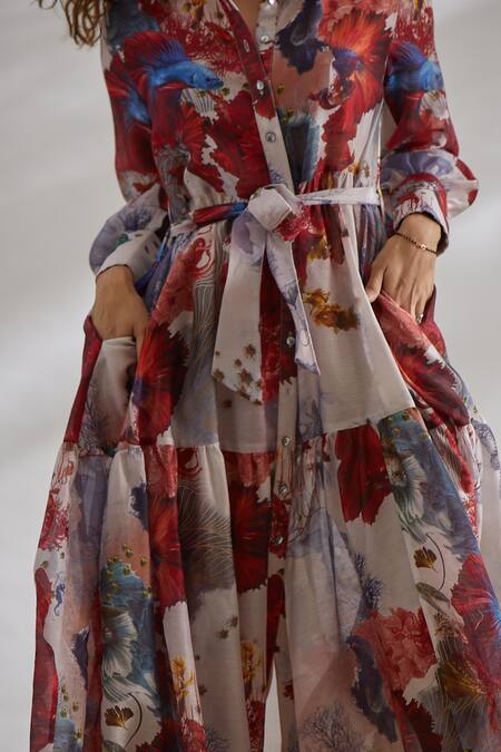 Shop_House Of Three_Multi Color Chanderi Spread Collar Printed Dress With Tie-up _Online_at_Aza_Fashions