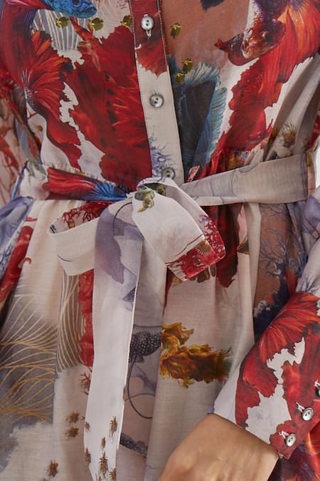 House Of Three_Multi Color Chanderi Spread Collar Printed Dress With Tie-up _at_Aza_Fashions