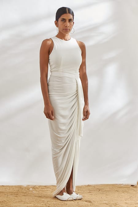 Buy House Of Three White Viscose Round Draped Dress Online at Aza Fashions Buy_House Of Three_White Viscose Round Draped Dress _Online_at_Aza_Fashions