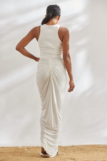 Shop House Of Three White Viscose Round Draped Dress at Aza Fashions Shop_House Of Three_White Viscose Round Draped Dress _at_Aza_Fashions