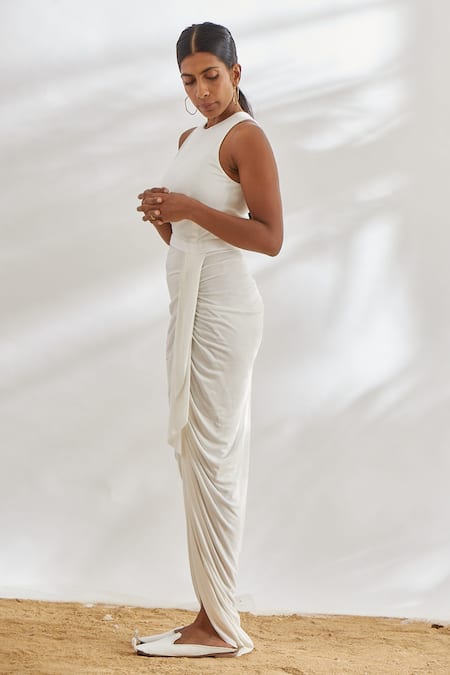House Of Three White Viscose Round Draped Dress Online at Aza Fashions House Of Three_White Viscose Round Draped Dress _Online_at_Aza_Fashions