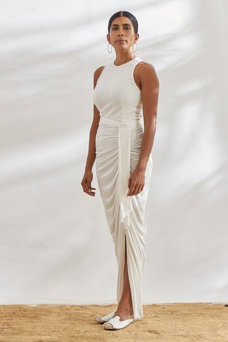 House Of Three White Viscose Round Draped Dress at Aza Fashions House Of Three_White Viscose Round Draped Dress _at_Aza_Fashions