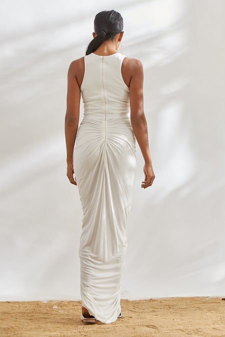 Shop House Of Three White Viscose Round Draped Dress Online at Aza Fashions Shop_House Of Three_White Viscose Round Draped Dress _Online_at_Aza_Fashions