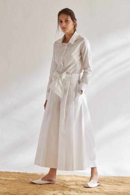 Buy House Of Three White Cotton Poplin Pleated Culottes With Tie-up Online at Aza Fashions Buy_House Of Three_White Cotton Poplin Pleated Culottes With Tie-up _Online_at_Aza_Fashions