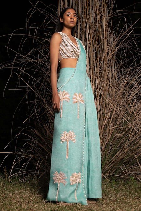 Saksham & Neharicka_Blue Cotton Lurex Thread, Sequin And Embroidered Pre-draped Saree With Blouse_Online_at_Aza_Fashions